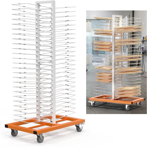 BERPET 50-Shelf Mobile Paint Drying Rack, Steel Cabinet Door Drying Rack with Track Rollers and Locking Casters