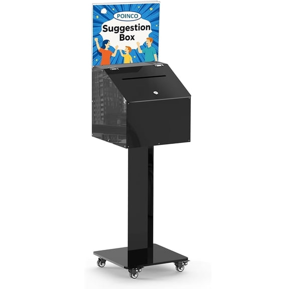 BERPET Large Acrylic Suggestion Box with Lock & Sign Holder, Floor Standing Ballot Donation Box on Wheels, 13.8" Cube Box, 39.6" Tall Stand with Casters, Black