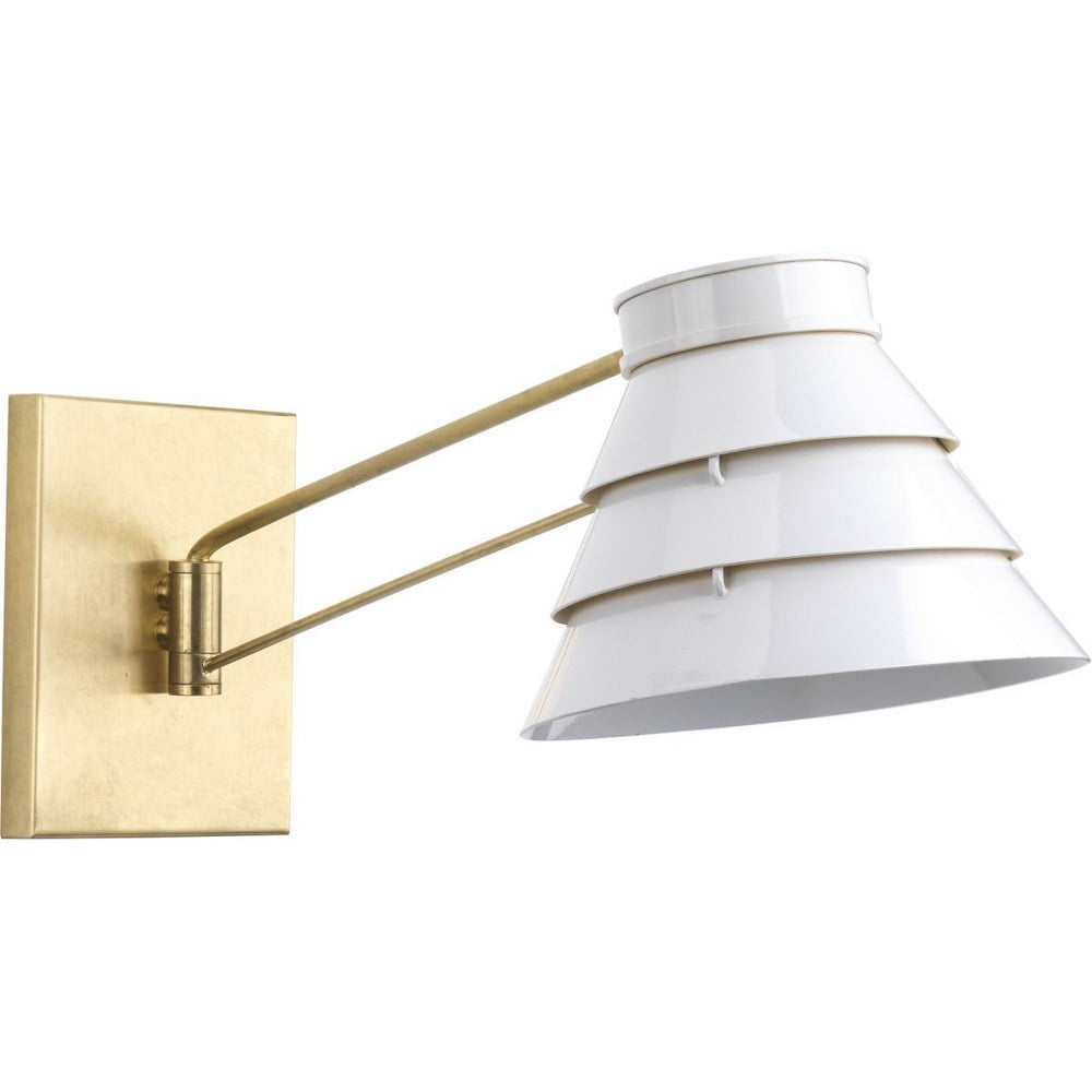 Sarah Steel Dimmable Swing Arm Sconce in Brushed Brass with Louvered White Shade