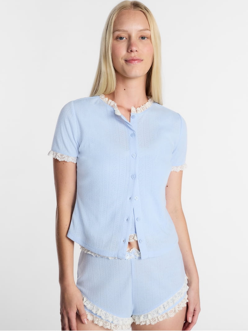 Kacey Lee Women's Pointelle Ruffle Sleep Cardigan, Size XS-XXL
