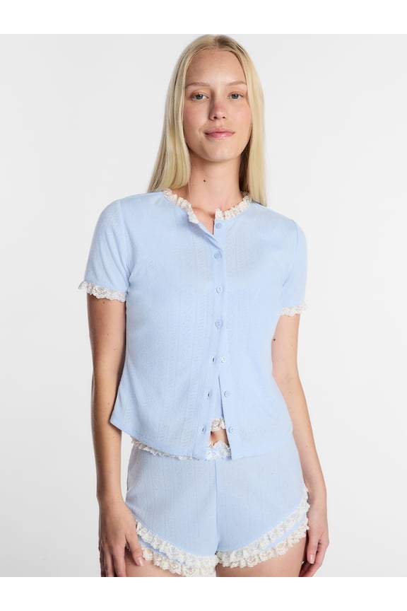 Women's Pointelle Ruffle Sleep Cardigan, Size XS-XXL