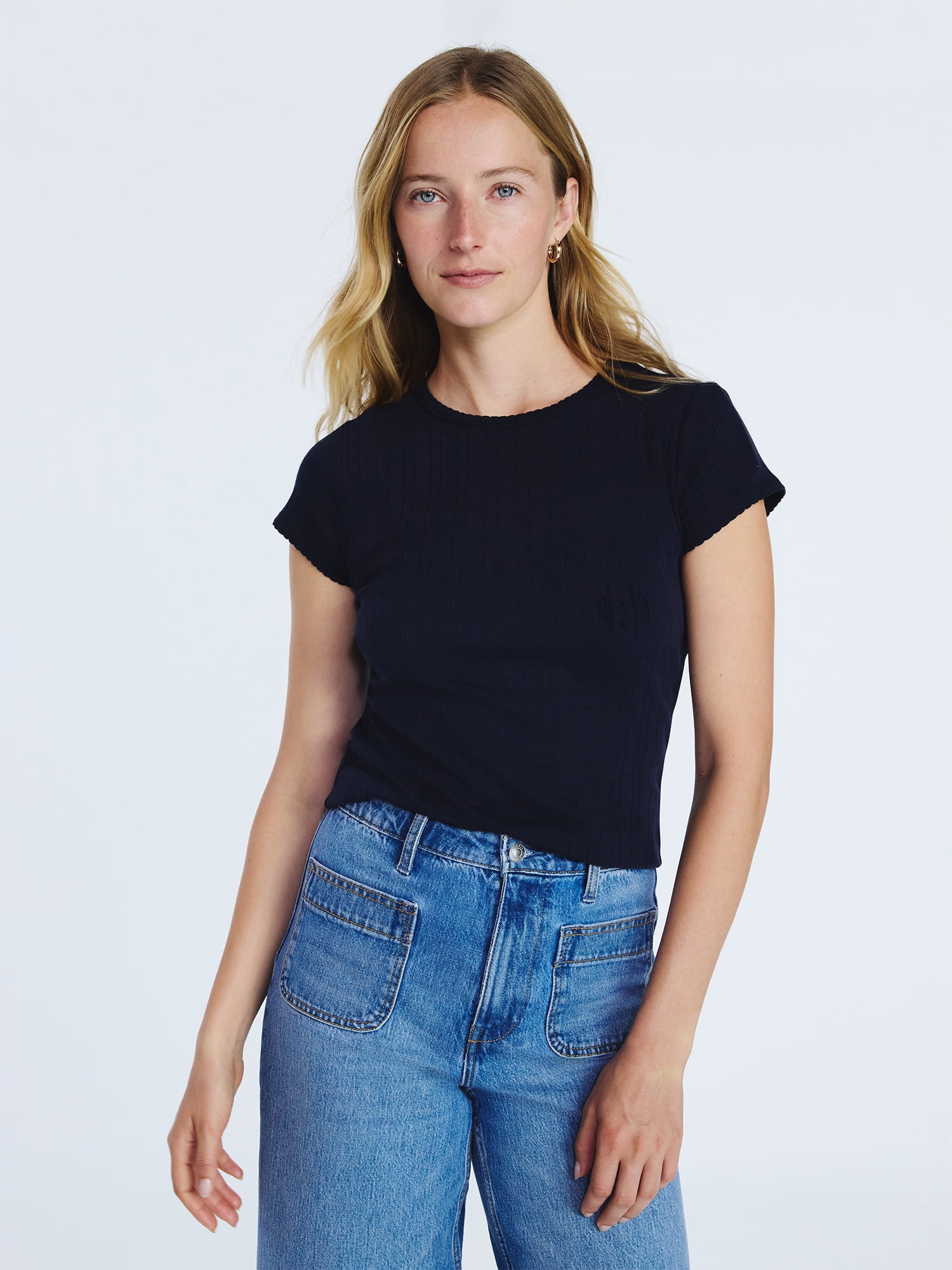 Free Assembly Women's and Women's Plus Pointelle Mini Tee with Short Sleeves, Sizes XS-4X
