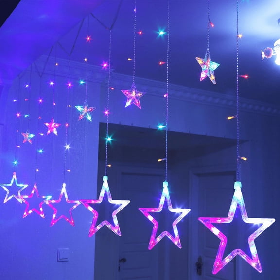 POINTERTECK 12 Stars 138 LED Curtain String Lights, Window Curtain Lights with 8 Flashing Modes Decoration for Christmas, Wedding, Party, Home, Patio Lawn, Multicolour
