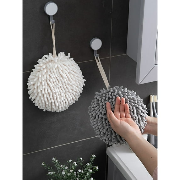POINTERTECK 2 Packs Chenille Hanging Hand Towels Ball,Solid Color No Hair Removal Microfiber Absorbent Dish Cloth,Quick Dry Soft Absorbent Microfiber Hand Towels(White+Gray)