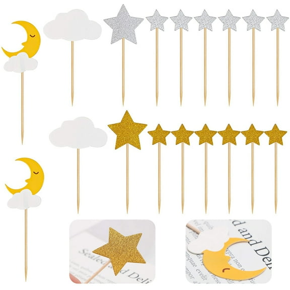 POINTERTECK 36 Pack Glitter Star Moon Cupcake Toppers Party Cake Decoration for Baby Shower Birthday Wedding Christmas Valentine's Day (Gold & Silver)