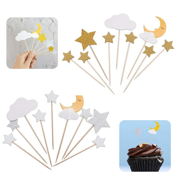 POINTERTECK 36 Pack Glitter Star Moon White Cloud Cupcake Toppers Gold & Silver Cake Decoration for Birthday Party Baby Shower