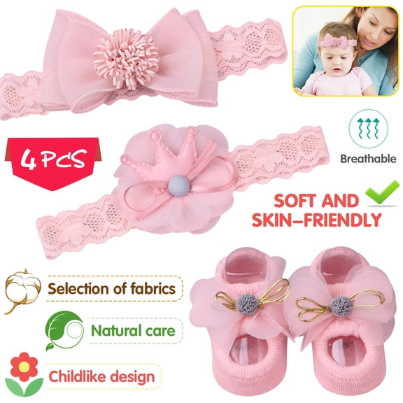 POINTERTECK 4Pcs Baby Girl's Headbands, Infant Head Wraps,Cute Headbands Socks Set, Elastic Crown Flower Hair Band for Newborn Baby Infant Toddlers Girls Kids, 2 Headbands & 1 Socks