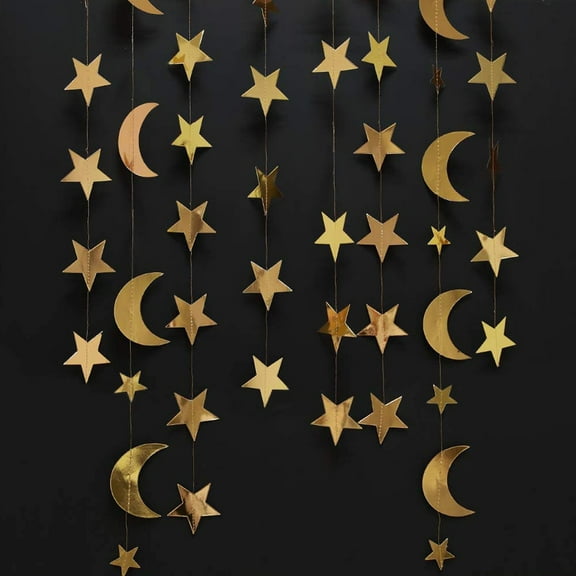 POINTERTECK 4Pcs Star Moon Garland Hanging Garands Streamers Banner Backdrop for Twinkle Little Star Party Decoration First Birthday/Baby Shower/Wedding//Kids Room/Nursery/Ramadan EID/Graduation Decor