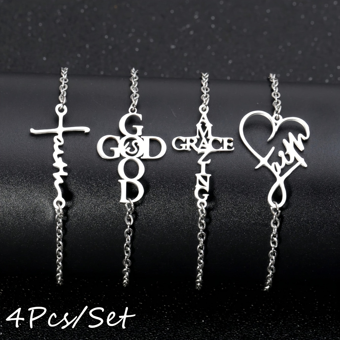 POINTERTECK 4pcs/Set Stainless Steel Christian Faith Cross Wristbands ...