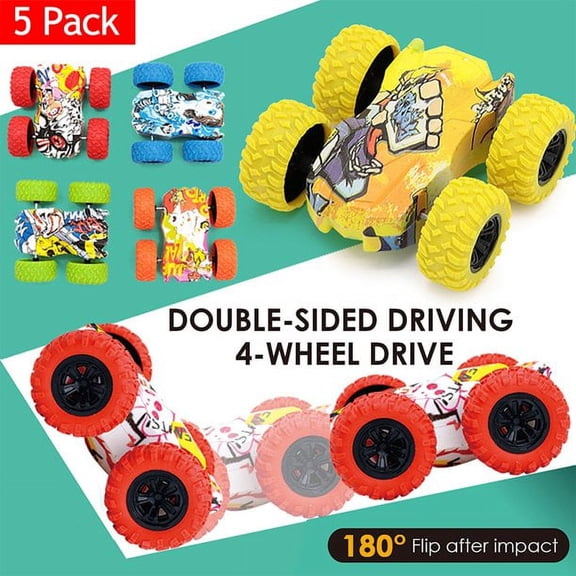POINTERTECK 5 Pack Pull Back Toys Car Friction Powered Vehicle Double-sided Stunt Flip Inertia Toy Car Graffiti Four-Wheel Drive For Toddler Infant Kids Boys Girls Birthday Party Gift