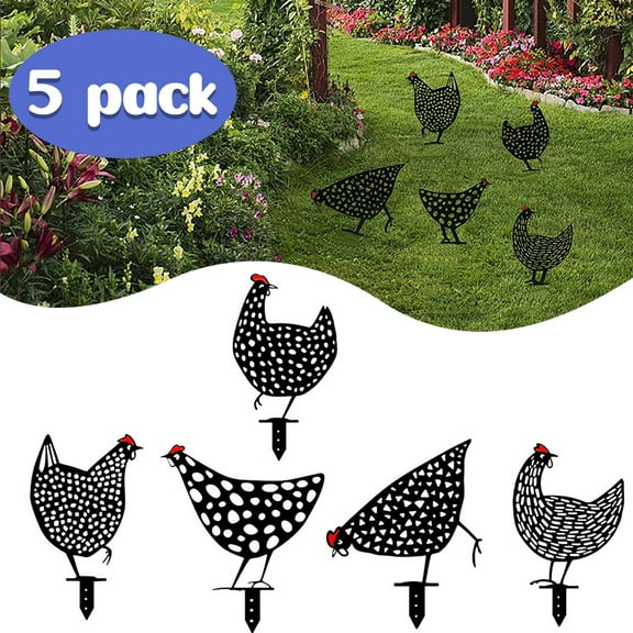 POINTERTECK 5 Packs Metal Chicken Yard Art, 13" Garden Decor for Outside, Rooster Silhouette Lawn Decoration, Porch Spring Animal Decorations Outdoor