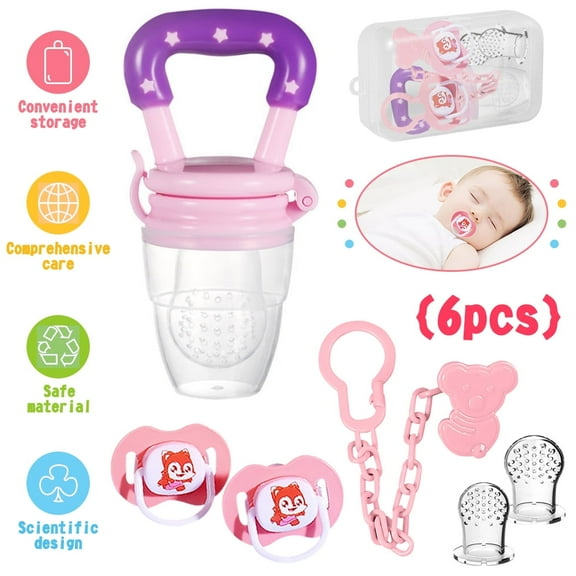 POINTERTECK 6 Pcs Baby Food Feeder Teething Toys Set, Fruit Feeder Pacifier, Orthodontic Pacifier,Pacifier Clip,Baby Nasal Aspirator,Nose Cleaning Tweezer,Baby Feeding Care Set Toys Gift