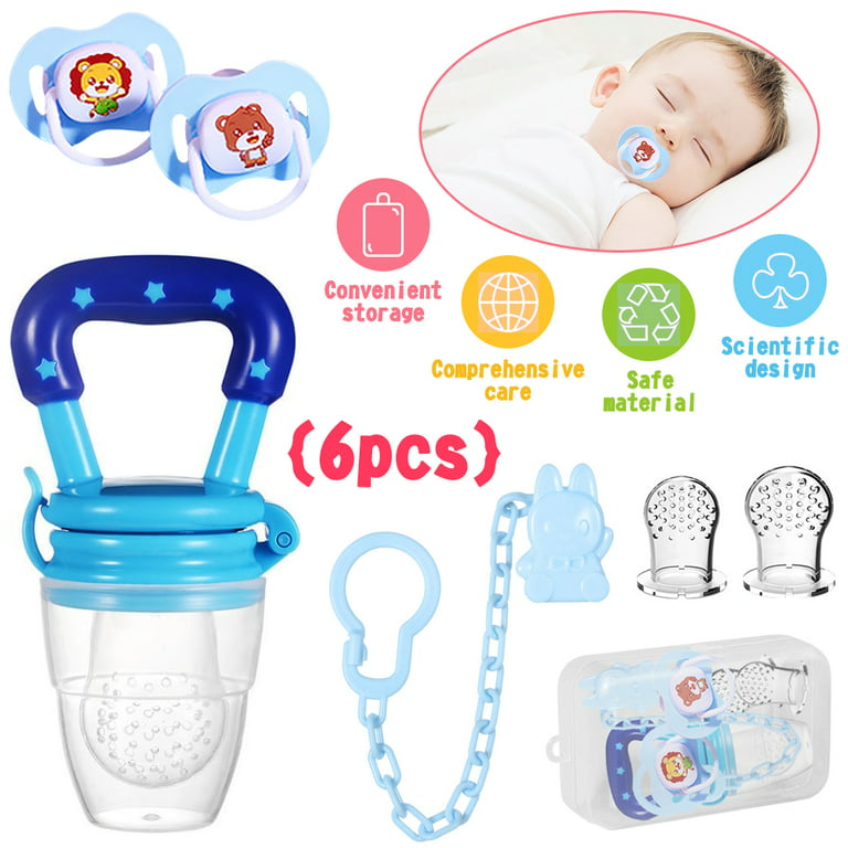 POINTERTECK 6 Pcs Baby Fruit Food Feeder - Silicone Fresh Food Feeder  Teether with 2 mesh Silicone Bags and Teething Toys All in One Infant  Teether Toys, Baby Supplies Care Set 