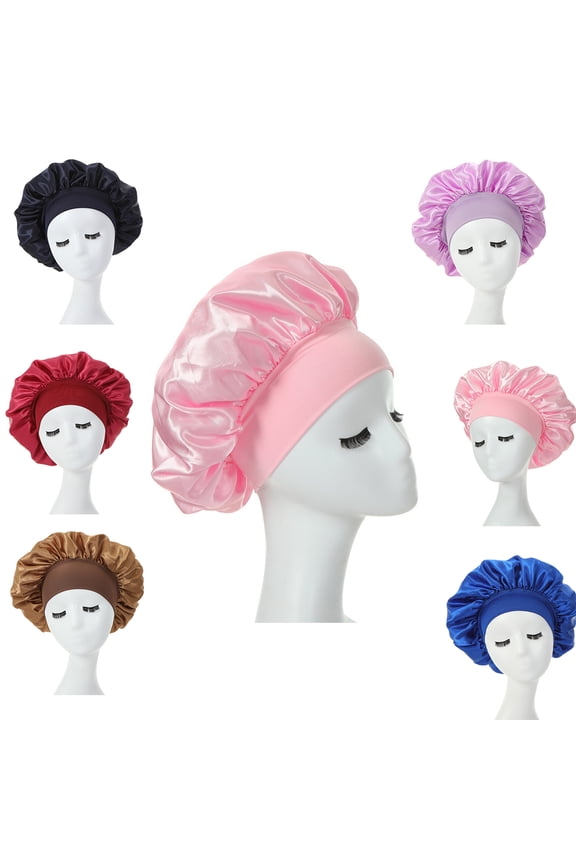 6pcs Women Satin Bonnet Cap Night Sleep Hair Protect Head Cover Wide Band Adjust Hats