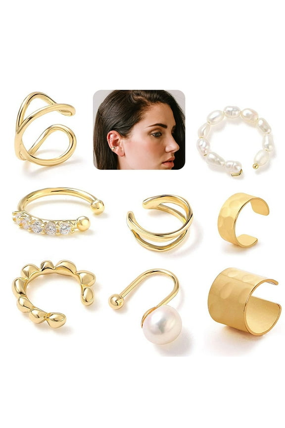 8 Pcs Ear Cuff, 8 Styles Cartilage Clip On Earrings Set Stainless Steel Ear Clip Fake Cartilage Earring Non Piercing Helix Cartilage Ear Clip (Gold)-Jewelry Gifts