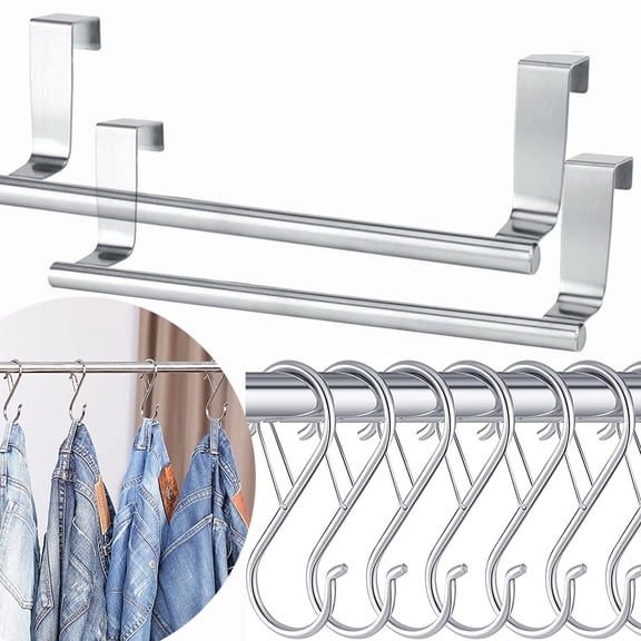 POINTERTECK 8pcs Home Kitchen Bathroom Amenities Combination (2*Stainless Steel Single Lever Door Back Towel Rack Cabinet Rag Hanger Towel Rack+6* Multi-purpose Spring Buckle S-shaped Hook)