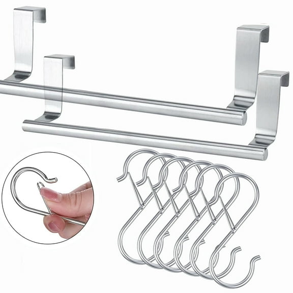 POINTERTECK 8pcs Home Kitchen Bathroom Amenities Combination (6*Metal Safety Buckle S Shaped Hooks +2*Stainless Steel Towel Racks)