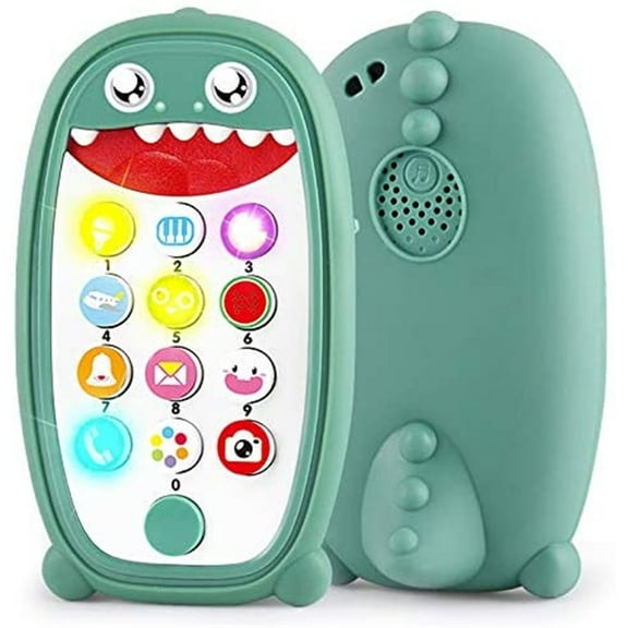 POINTERTECK Baby Dinosaur Cell Phone Toy with Removable Soft Teether Case, Lights, Music & Adjustable Volume Kids Early Educational Toy, Gift for Girl Boy 18+ Months Green