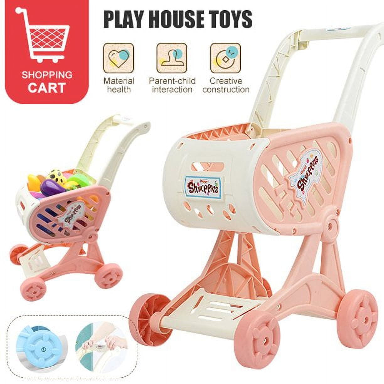 POINTERTECK Kids Shopping Cart Trolley Play Set, Mini Grocery Cart Food Fruit Vegetable Shop Pretend Play Toy for Girls and Boys, Pink