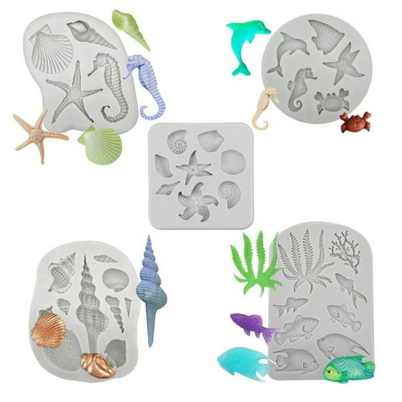 POINTERTECK Marine Theme Silicone Mold, Shell, Coral, Seahorse, Silicone Mold Fondant Cake Soft Clay Plaster Modeling Set (5pcs)