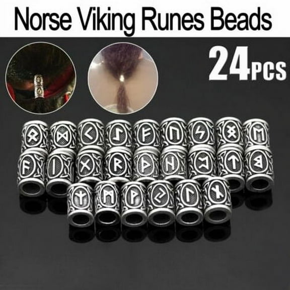 POINTERTECK Norse Viking Rune Hair Beads Beard Necklace DIY Pendant Hair Ring Viking Norse Compass Rune Talisman Pendant for Hair Braids Antique ,24 Pieces Silver