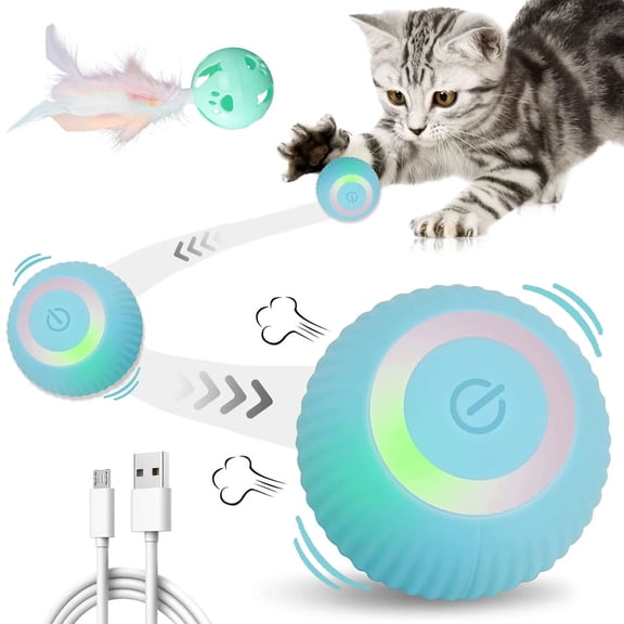 POINTERTECK Pet Toys, Gravity Smart Roller Ball, Cat Fun Ball, Molar Teeth are Resistant to Biting, Cat Teasing Toy Set (1* Blue Fun Cat Ball +1* Four-color Feather Green Bell Ball)