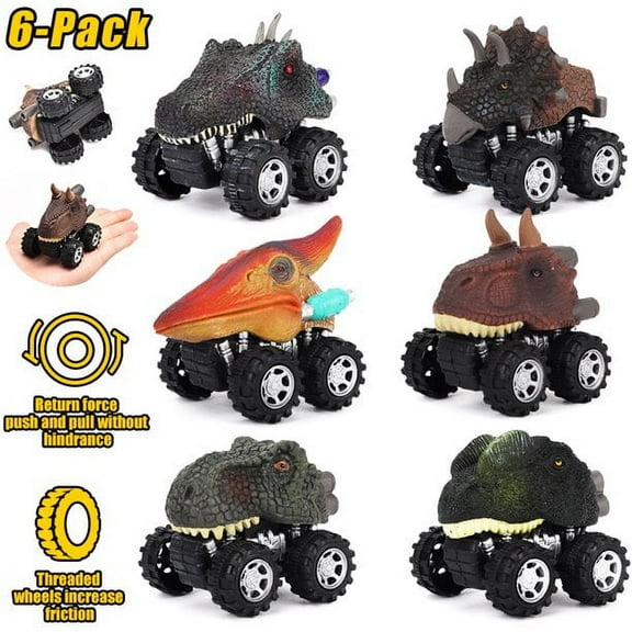 POINTERTECK Pull Back Dinosaur Cars Set of 6, Dino Cars Toys with Big Tire Wheel for 3-7 Year Old Boys Girls Creative Educational Christmas Birthday Gifts for Kids