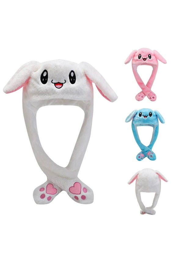 Rabbit Hat Ear Moving Jumping Hat Funny Bunny Plush Hat Cap for Women Girls, Easter Cosplay Party Holiday Hat White