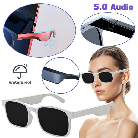 POINTERTECK Smart Glasses Wireless Bluetooth Sunglasses for Open Ear Music and Hands-free Calls, Men and Women, Polarized Lenses, IP4 Waterproof, Connected to Phones and Tablets White
