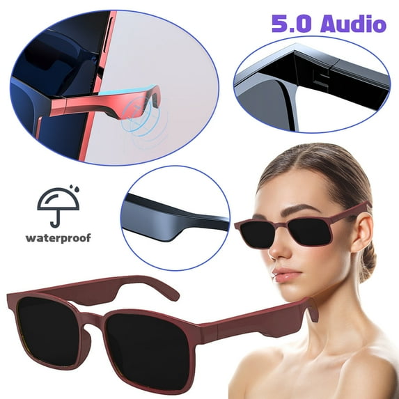 POINTERTECK Smart Glasses Wireless Bluetooth Sunglasses for Open Ear Music and Hands-free Calls, Men and Women, Polarized Lenses, IP4 Waterproof, Connected to Phones and Tablets Brown