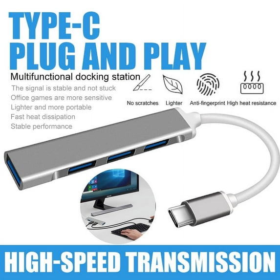 POINTERTECK USB C to USB 3.0 Hub 4 Ports, 4-in-1 USB Type C to USB 3.0 Hub Adapter, Aluminum Thunderbolt 3 to Multiport USB Hub Adapter Fit for MacBook Pro,iPad Pro,iMac,Samsung,Chromebook Silver