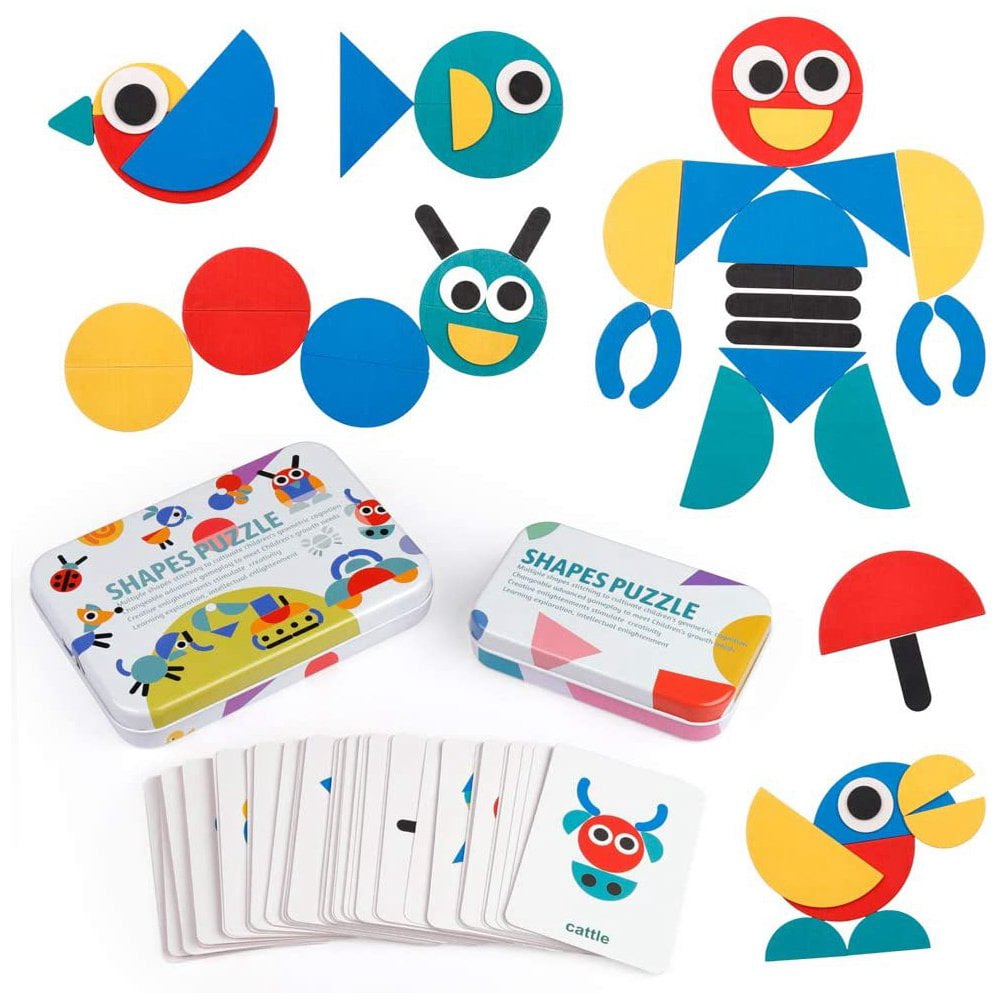 POINTERTECK Wooden Pattern Blocks - Tangram Shape Puzzle Set Color ...