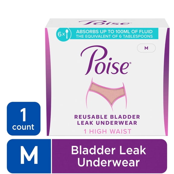Poise Washable Adult Incontinence Underwear for Women, Reusable, Light Absorbency, Medium, High Waist, Pink, 1 Count
