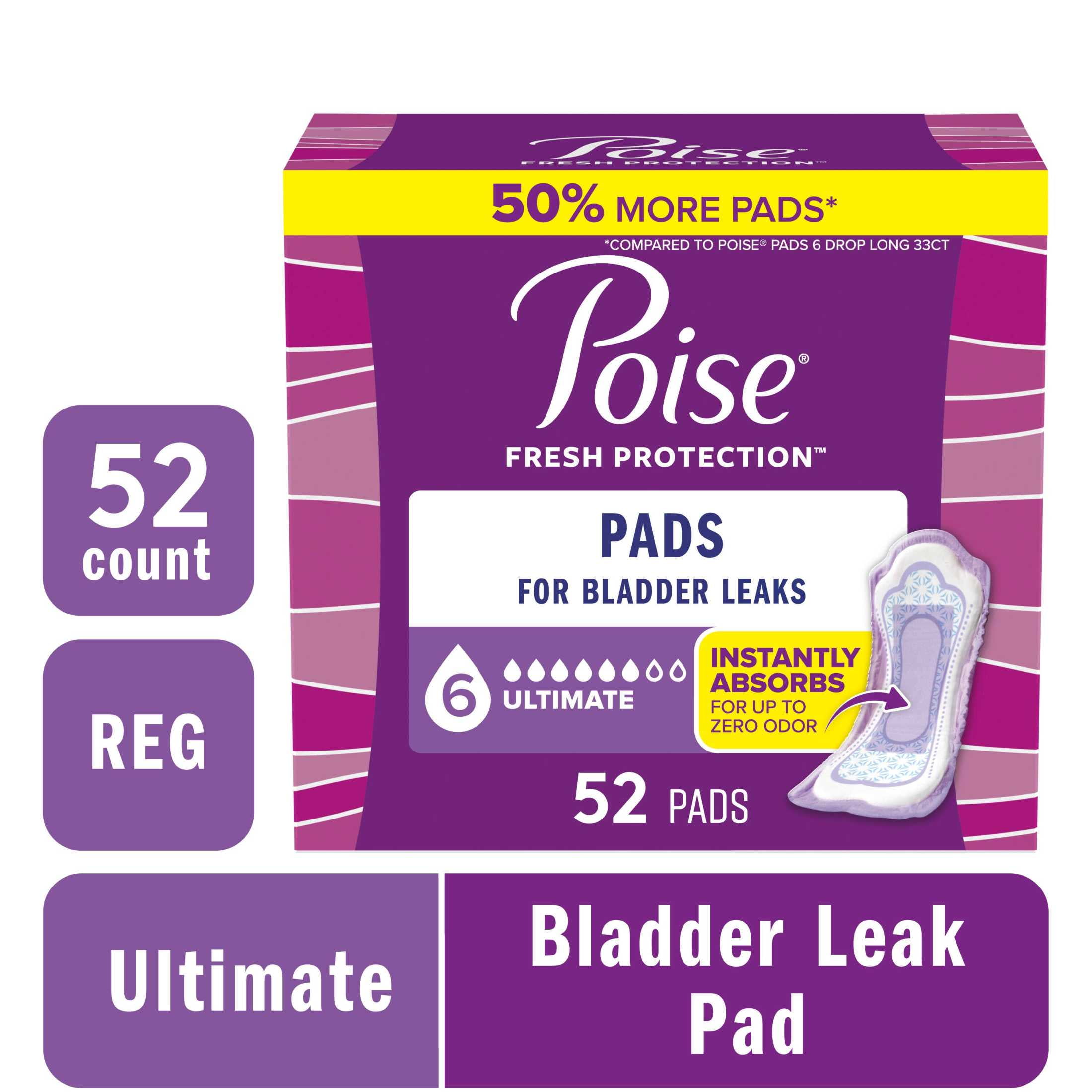 Poise Incontinence Pads for Women, 6 Drop Ultimate Absorbency, Regular Length, 52 Count