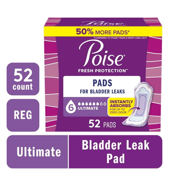 Poise Incontinence Pads for Women, 6 Drop Ultimate Absorbency, Regular Length, 52 Count