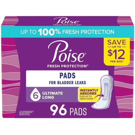 Poise Incontinence Pads, 6 Drop Ultimate Absorbency, 96 Count