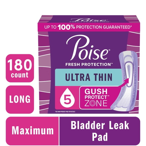 Poise Ultra Thin Incontinence Pads, 5 Drop Maximum Absorbency, Long Length, 180 Count
