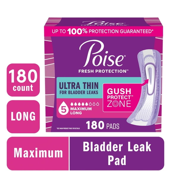 Poise Ultra Thin Incontinence Pads, 5 Drop Maximum Absorbency, Long Length, 180 Count