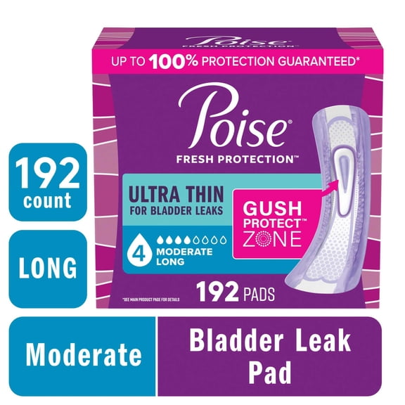 Poise Ultra Thin Incontinence Pads, 4 Drop Moderate Absorbency, Long Length, 192 Count