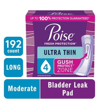 Poise Ultra Thin Incontinence Pads, 4 Drop Moderate Absorbency, Long Length, 192 Count