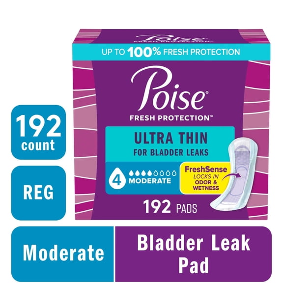 Poise Ultra Thin Incontinence Pads, 4 Drop Moderate Absorbency, Regular Length, 192 Count
