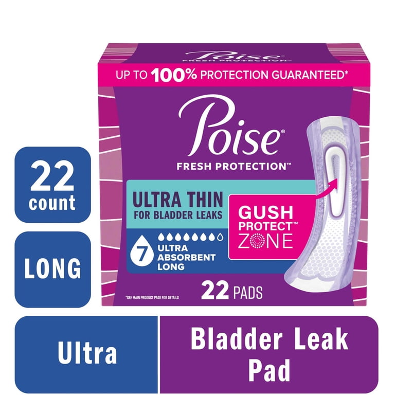 Poise Ultra Thin Incontinence & Postpartum Pads For Bladder Leaks, 7 Drop Ultra Absorbency, Long Length, 22 Count