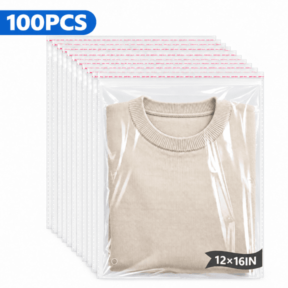 POITVD 100-Pack Clear Resealable Clothing Bags, 12 x 16 in Self-Seal Poly Bags