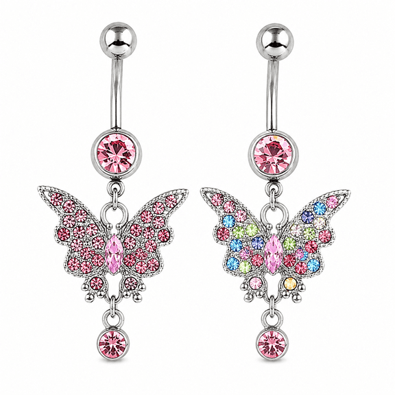 POITVD Butterfly Dangle Navel Rings, Rhinestone Inlaid Belly Button Studs with Medical Grade Stainless Steel Curved Bar, Body Piercing Jewelry