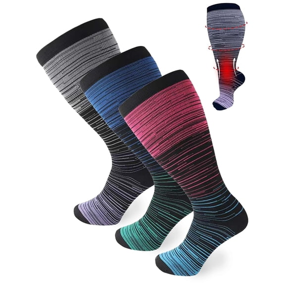 POITVD Plus Size Compression Socks for Women Men 3 Pairs Wide Calf Knee High Support Stockings Circulation Socks for Nurses, Pregnancy, Athletic, Running, Travel