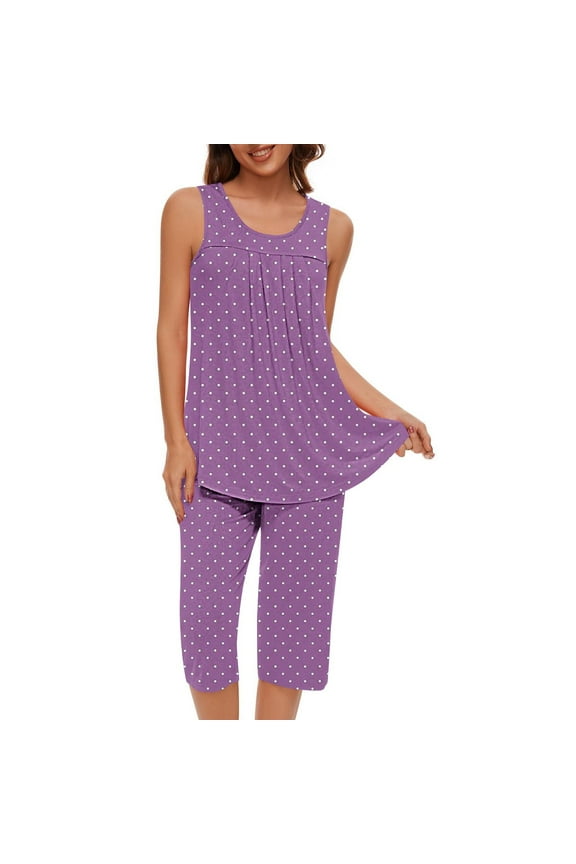 2 Piece Pajama Set for Women Casual Summer Capri Pants Sleeveless Crewneck Tank Top Sleepwear Pjs Sets Ladies Soft Comfy Polka Dot Loungewear 2024