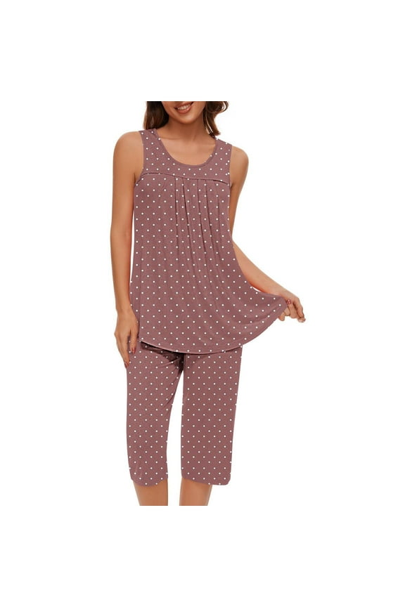 2 Piece Pajama Set for Women Casual Summer Capri Pants Sleeveless Crewneck Tank Top Sleepwear Pjs Sets Ladies Soft Comfy Polka Dot Loungewear 2024