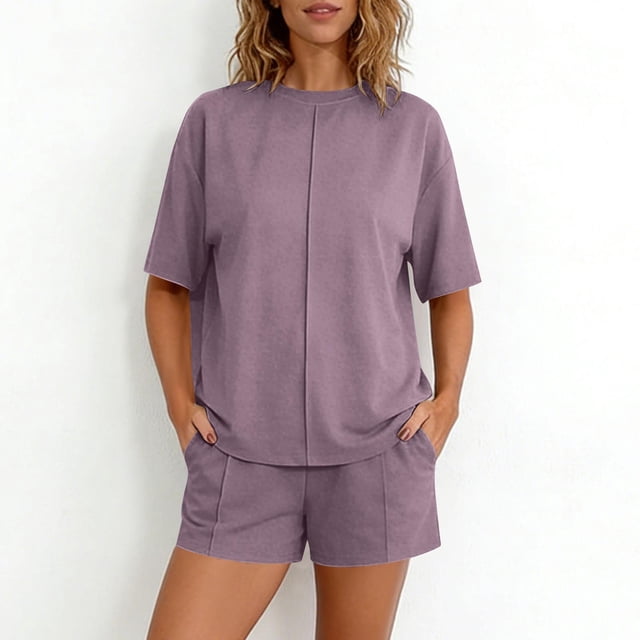 POIUYTR 2 Piece Sets for Women Summer Crewneck Short Sleeve Tshirts Loose High Waist Shorts Casual Outfits Set