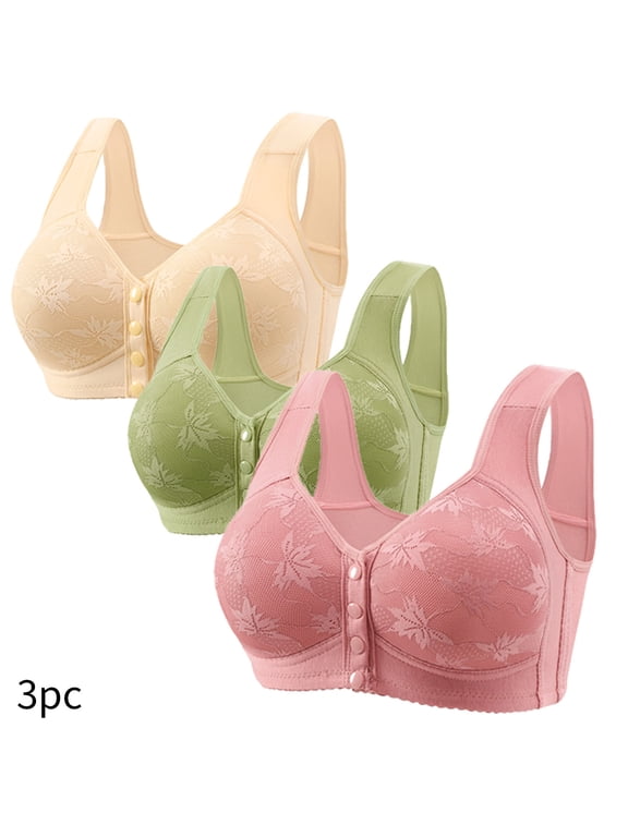 3Pack Daisy Bra for Seniors, Front Snap Closure Bras for Women Full Coverage Easy Close Bra for Mom Grandma