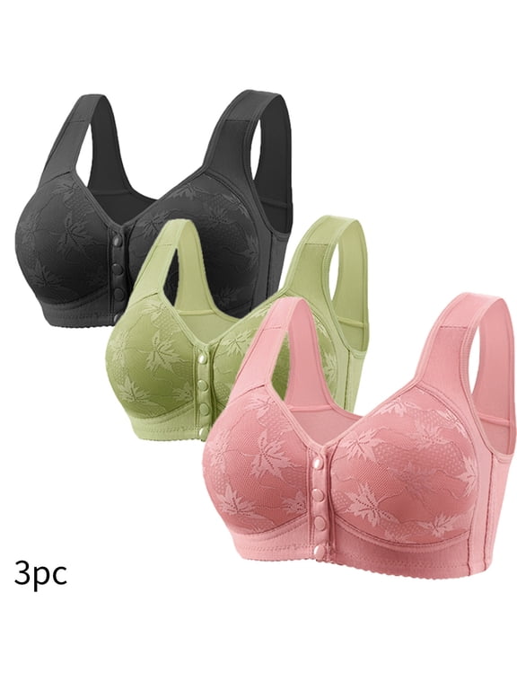 3Pack Daisy Bra for Seniors, Front Snap Closure Bras for Women Full Coverage Easy Close Bra for Mom Grandma